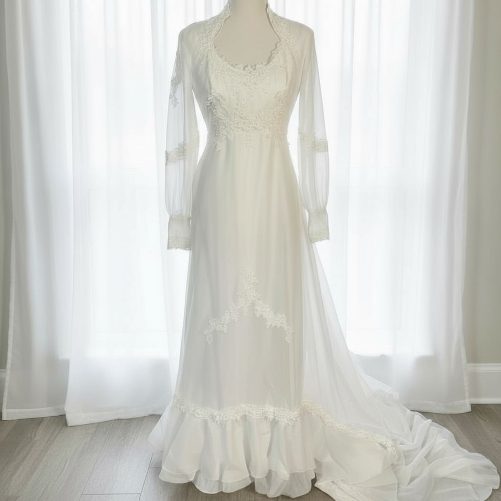 Vintage Bohemian 1970's White Wedding Dress with Empire Waist and Bishop…